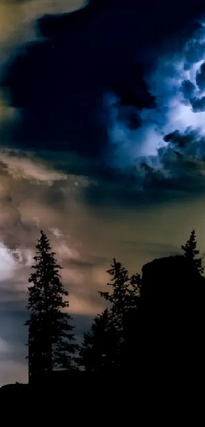 Silhouetted trees under dramatic stormy night sky with lightning.