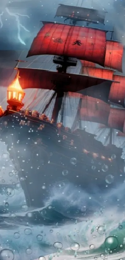 A pirate ship braves a storm with crashing waves and lightning.