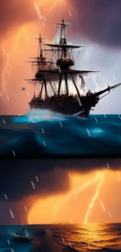 Epic ship on stormy sea with lightning and waves.