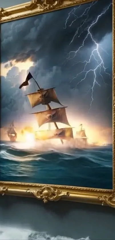 Dramatic stormy sea wallpaper with ships and lightning in a golden frame.
