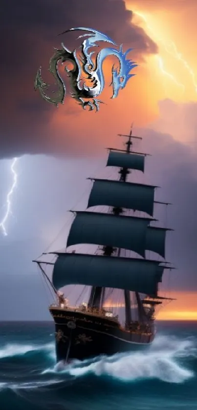 Ship sails through stormy seas with lightning and dragon in sunset backdrop.