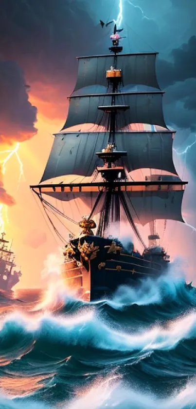 A ship sailing through a stormy sea with lightning and dramatic skies.