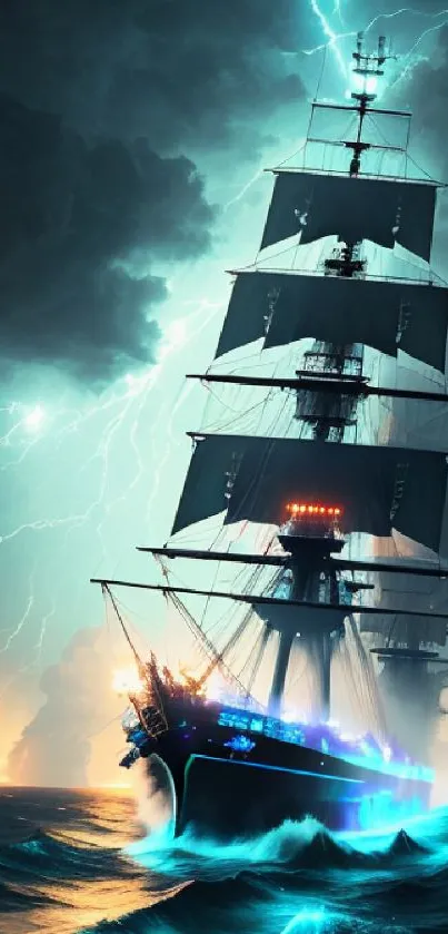 Majestic ship braves a stormy sea with lightning illuminating the night sky.