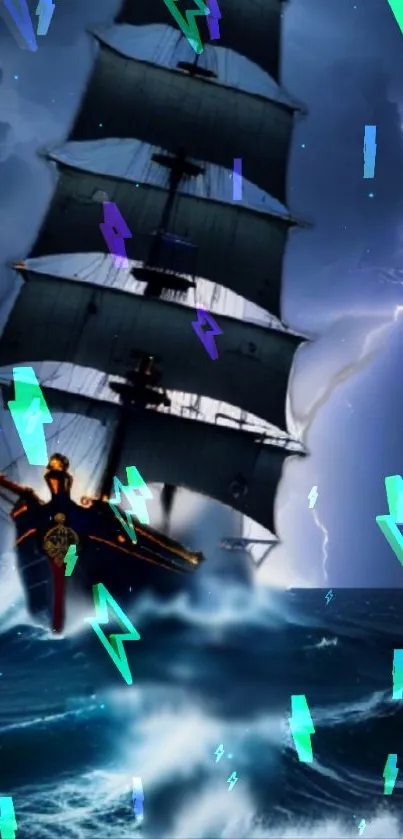 Dynamic sailing ship braving a stormy ocean with neon accents.