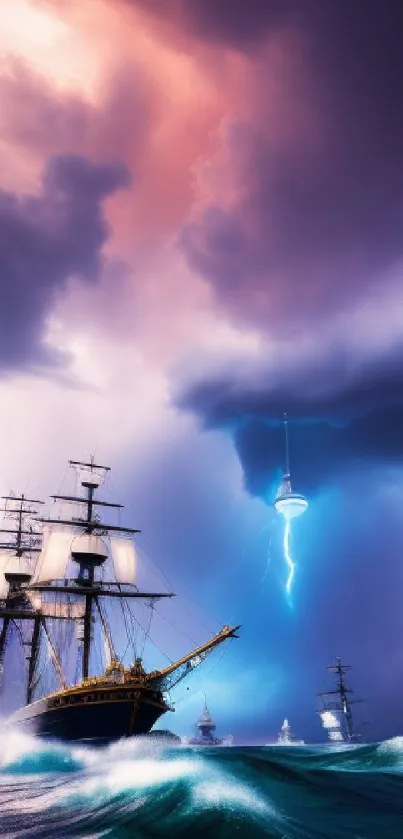 Mystical stormy sea with ships and lightning scene wallpaper.