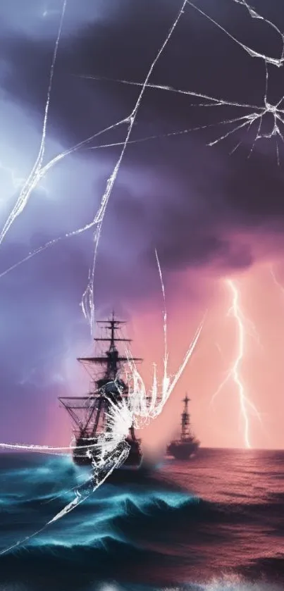 Epic ships brave storm with lightning and cracked screen effect on mobile wallpaper.