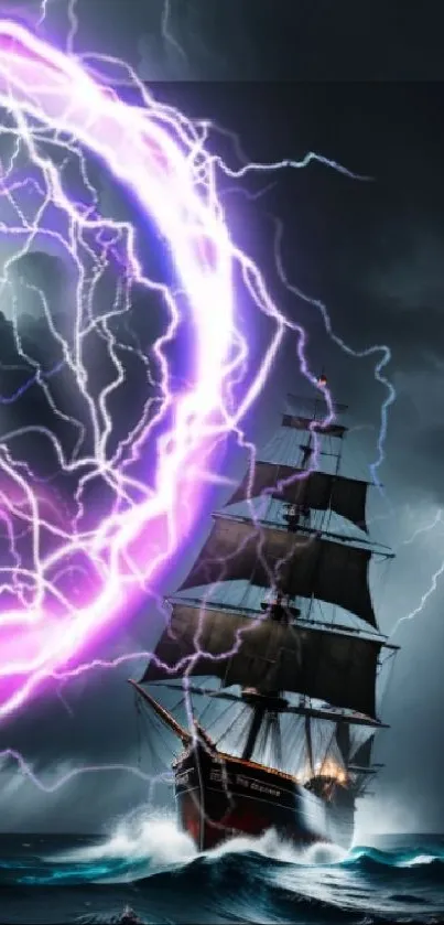 Ship braving storm with purple lightning on turbulent seas.