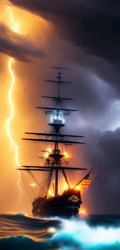 Majestic ship sails through lightning storm on the ocean waves.