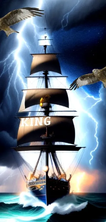 Epic ship sailing through a stormy sea with lightning and eagles.