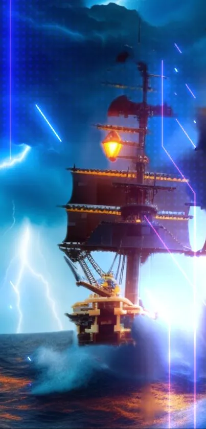 Majestic ship in stormy sea with glowing lanterns and lightning.