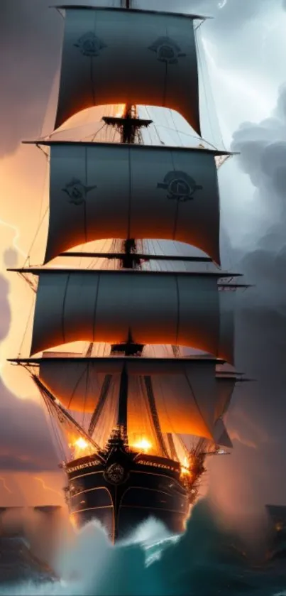 Majestic ship sailing through stormy seas with dramatic skies.