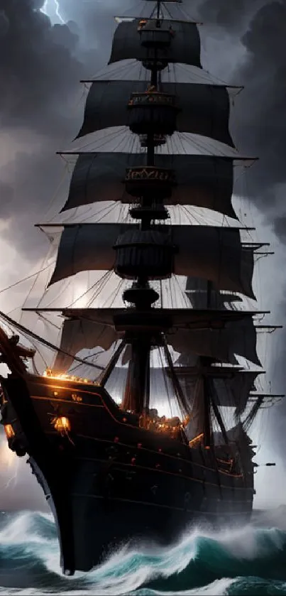 Majestic ship braving stormy seas with lightning illuminating dark clouds.