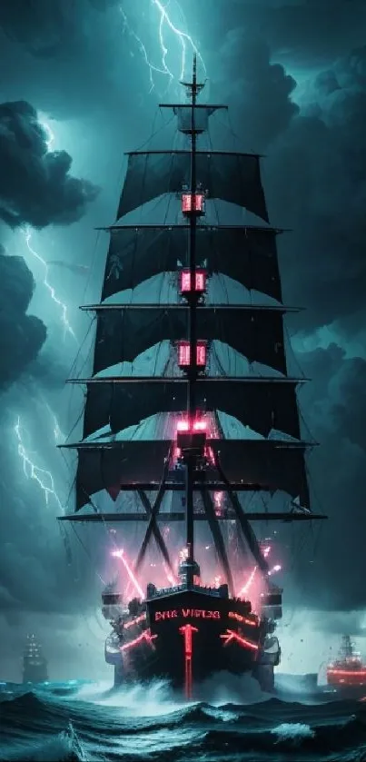 Epic sailing ship amidst a storm at sea with dramatic lightning.