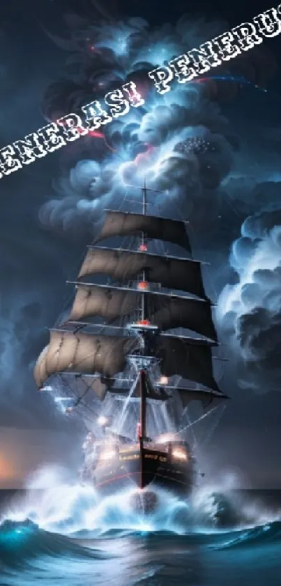 Epic ship in stormy ocean with dramatic clouds.