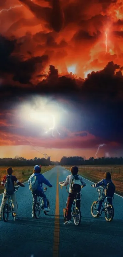 Kids biking under a dramatic, stormy sky with lightning.