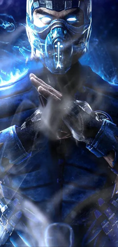 Sub-Zero character in blue icy aura with intense combat pose.