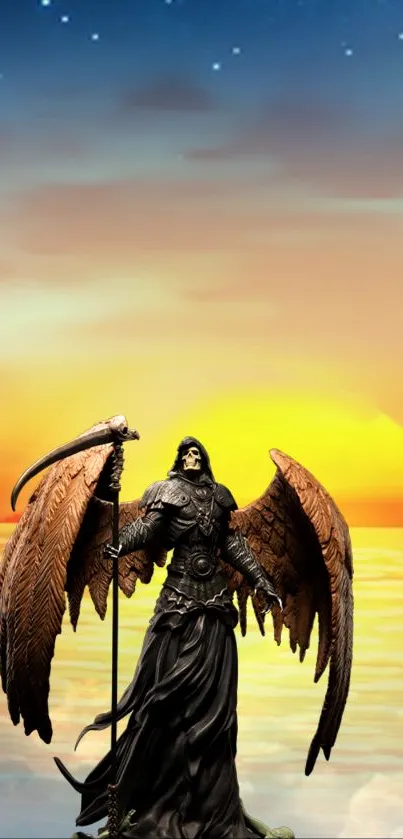 Dark angel with wings against a vibrant sunset and ocean backdrop.