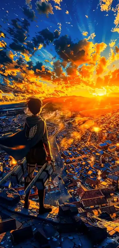 Anime character overlooking a vibrant cityscape at sunset, with vivid orange and blue skies.