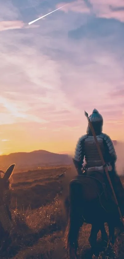 Epic sunset with medieval horsemen and a shooting star.