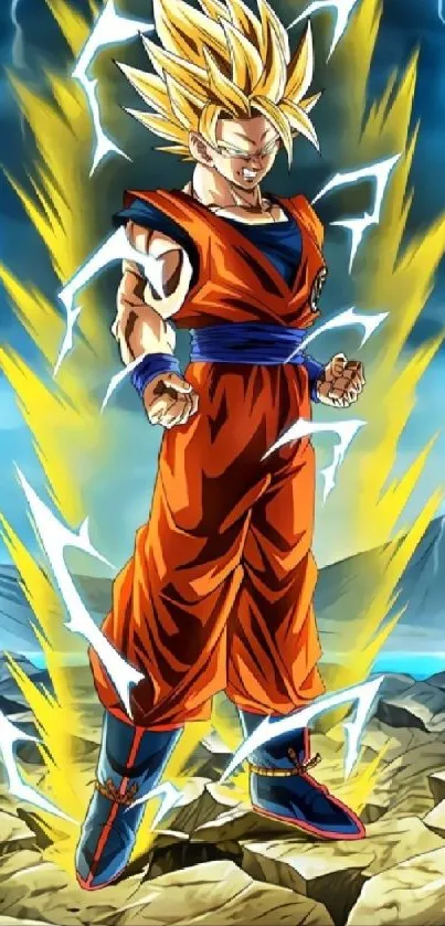 Super Saiyan stands amid crackling lightning with vibrant energy effects.