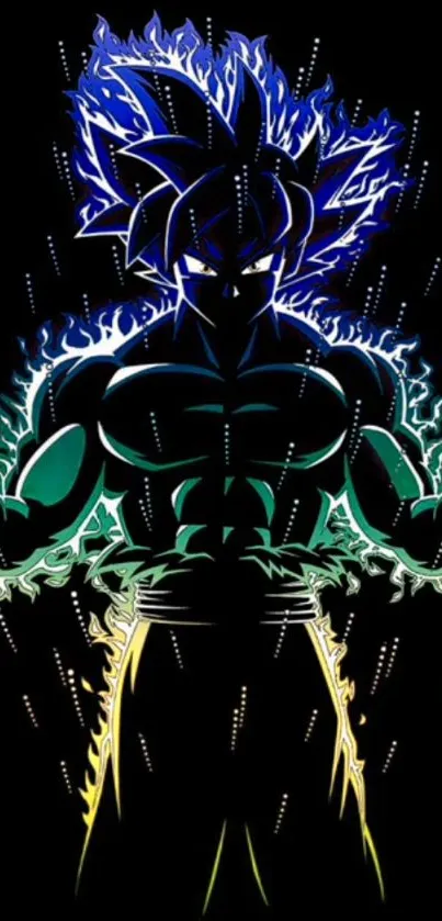 Super Saiyan artwork with vibrant neon aura on black background.