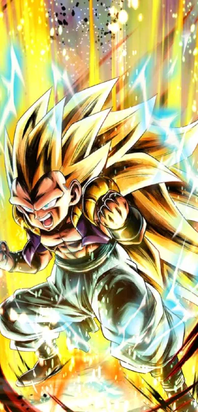 Super Saiyan character in vibrant battle art with bright colors.