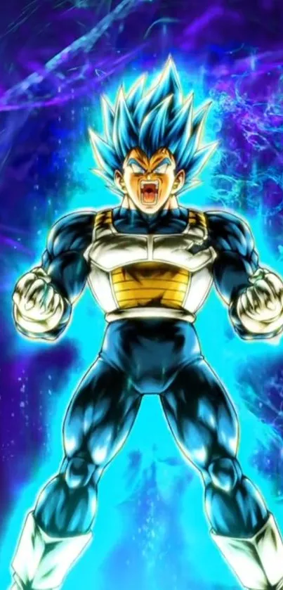 Super Saiyan character shouting with blue aura background.