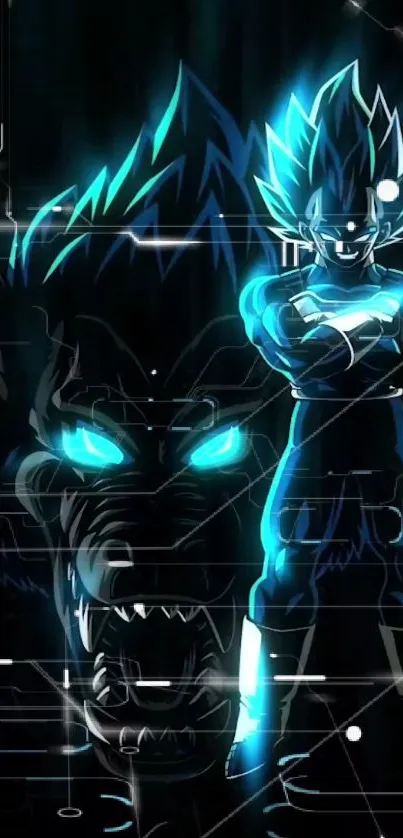 Epic Super Saiyan in neon blue with powerful aura.