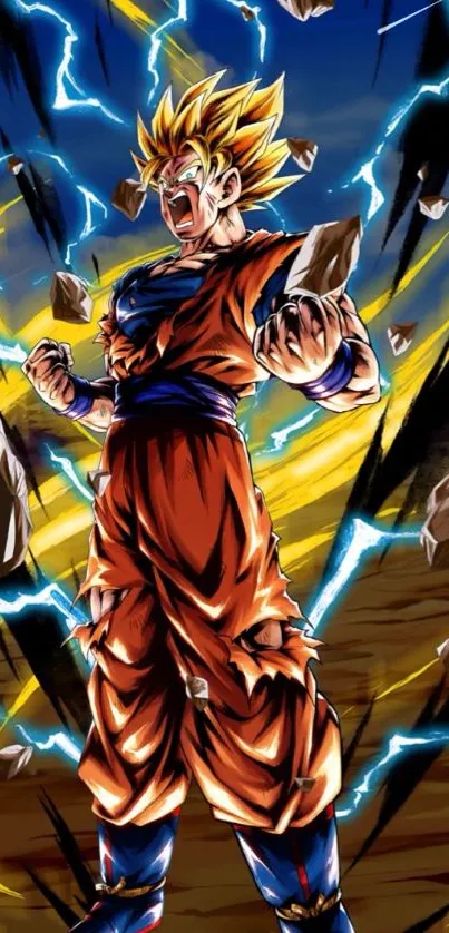 Epic Super Saiyan character with energy rocks and lightning.