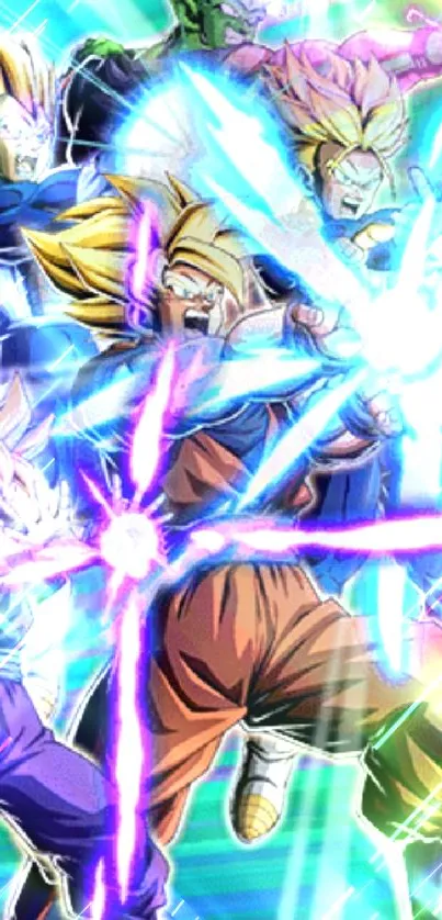 Epic Super Saiyan battle wallpaper with energy blasts.