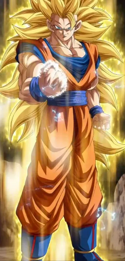Super Saiyan with golden aura and iconic pose.