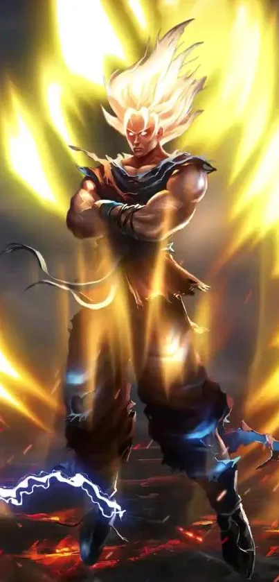 Super Saiyan character with glowing aura and electric energy in dynamic stance.