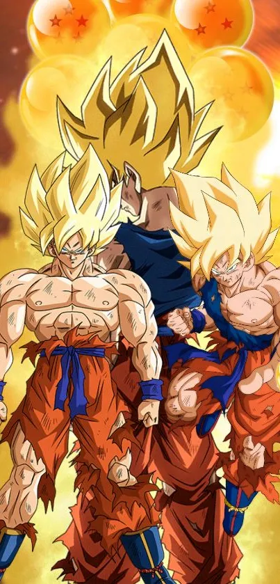 Super Saiyan warriors in dynamic anime art with vibrant orange hues.