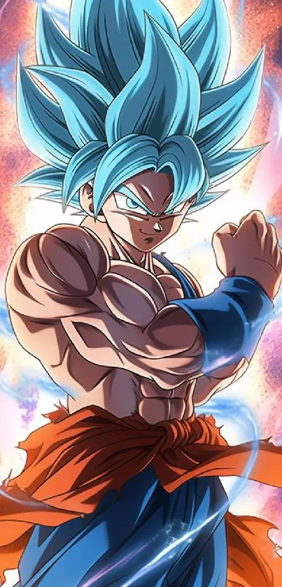 Anime wallpaper featuring a powerful Super Saiyan with vibrant blue aura.