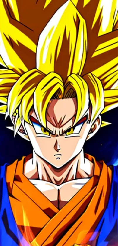 Super Saiyan anime character with yellow hair and blue aura.