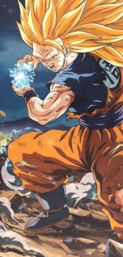 Epic Super Saiyan character generating energy in an anime scene.