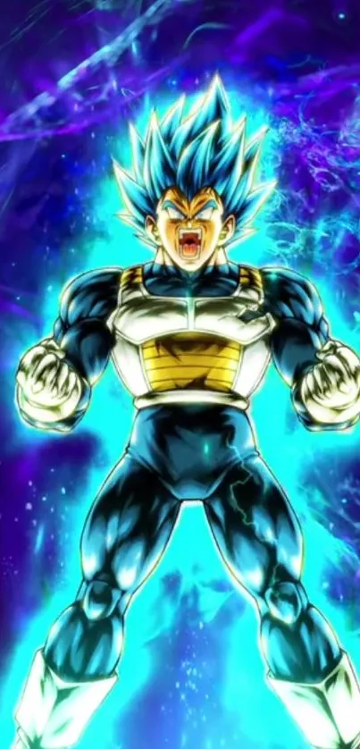 Epic Super Saiyan anime character with electric blue aura and powerful energy.