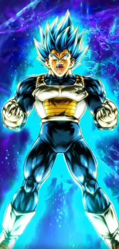 Super Saiyan anime warrior in vibrant blue aura.