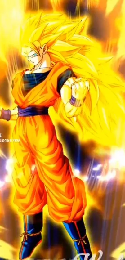 Super Saiyan character with fiery aura in orange background.