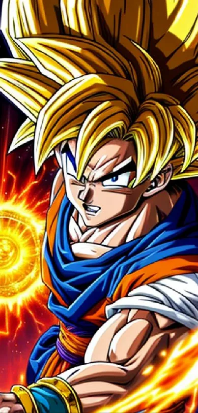 Super Saiyan with glowing energy sphere in dynamic pose.