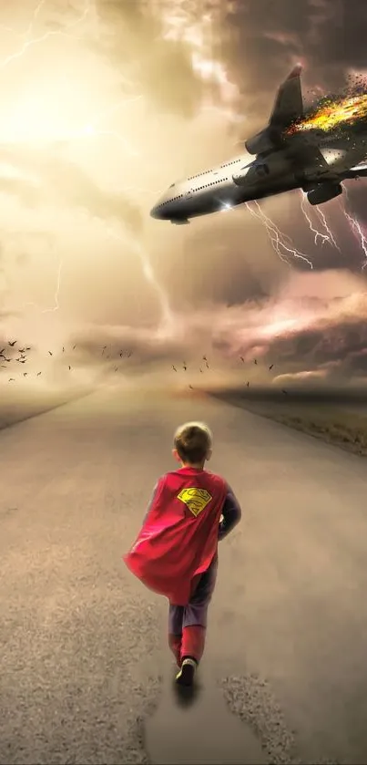 Child in superhero cape facing plane and stormy sky.