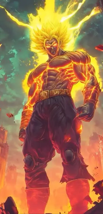 Epic anime superhero with glowing energy in a vibrant scene.