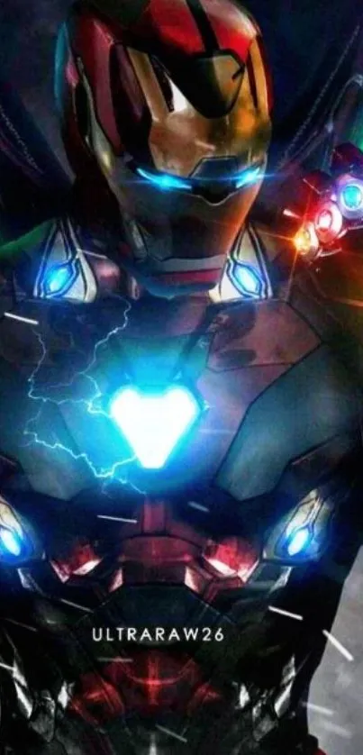 Superhero in high-tech armor with vibrant lighting.