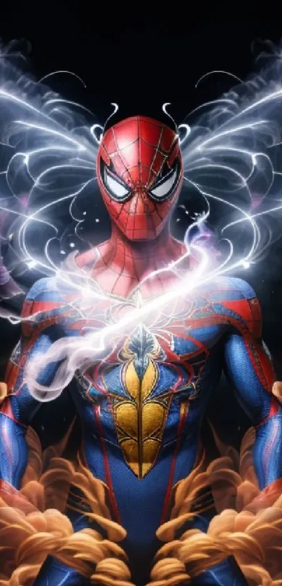 Superhero art with mystical smoke and vibrant colors for a mobile wallpaper.