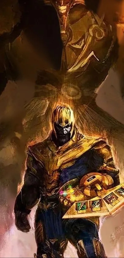 Epic artwork of superhero in dark gold tones.