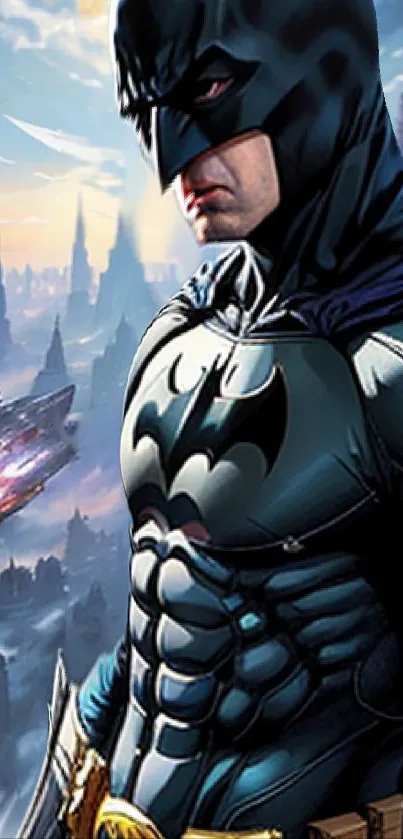 Dark knight stands in a futuristic cityscape, with a vibrant superhero theme.