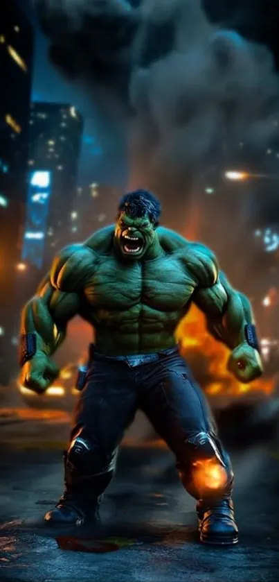 Superhero with muscular build stands in city at night with glowing lights.