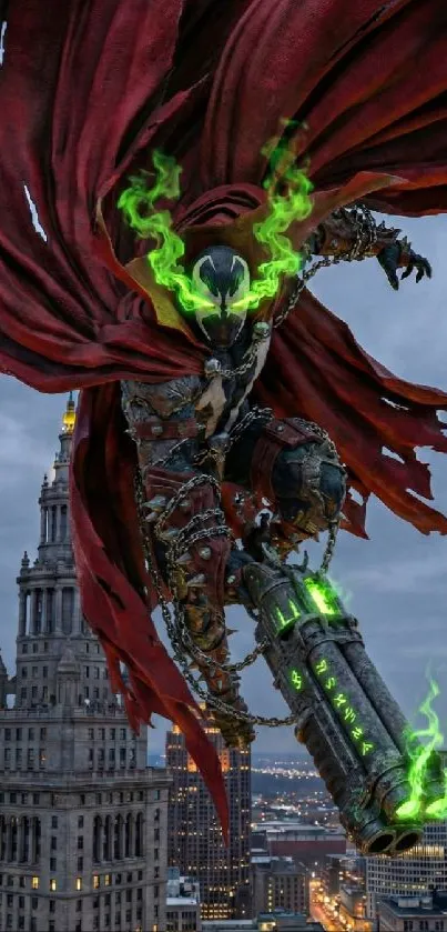 Superhero with green flames in cityscape.