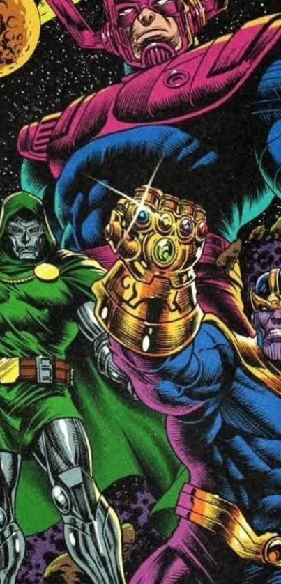 Superhero collage with Thanos and Galactus in vivid colors.