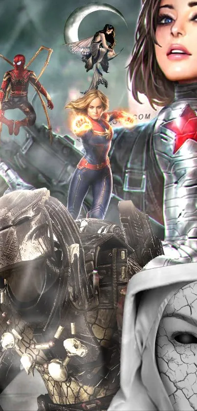 Epic collage of superheroes in action on a mobile wallpaper.